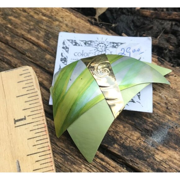 Vintage Style Gold & Green Stripe Leaf  Earrings and Brooch  Stunning - Picture 4 of 8